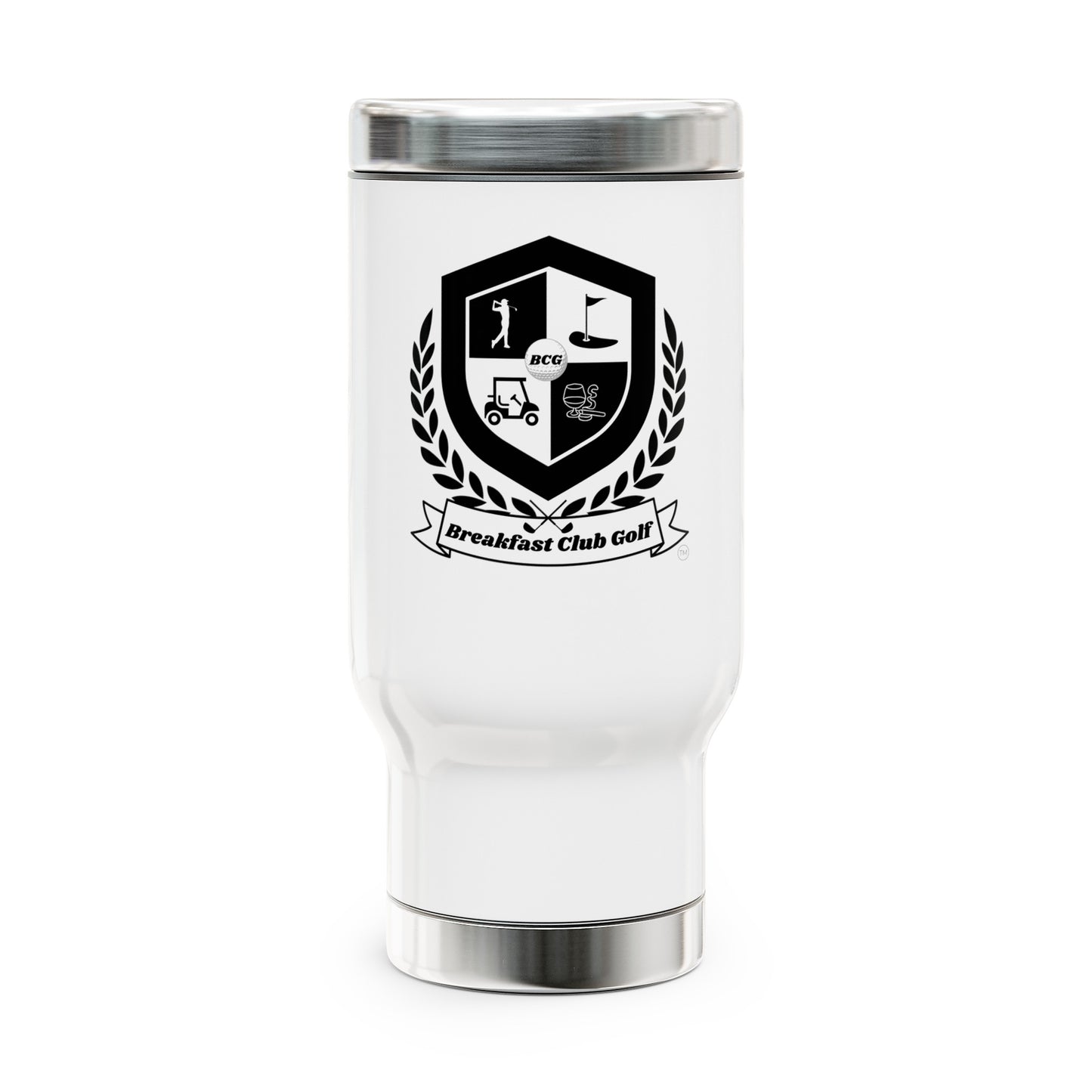The "CJ" Breakfast Club Golf Travel Mug. "Black Tees" Logo. Stainless Steel Travel Mug with Handle, 14oz
