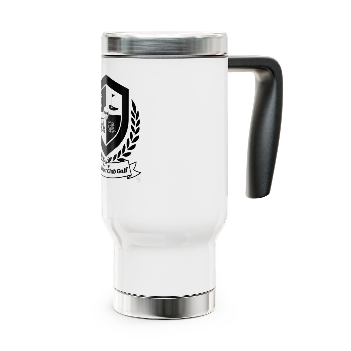 The "CJ" Breakfast Club Golf Travel Mug. "Black Tees" Logo. Stainless Steel Travel Mug with Handle, 14oz