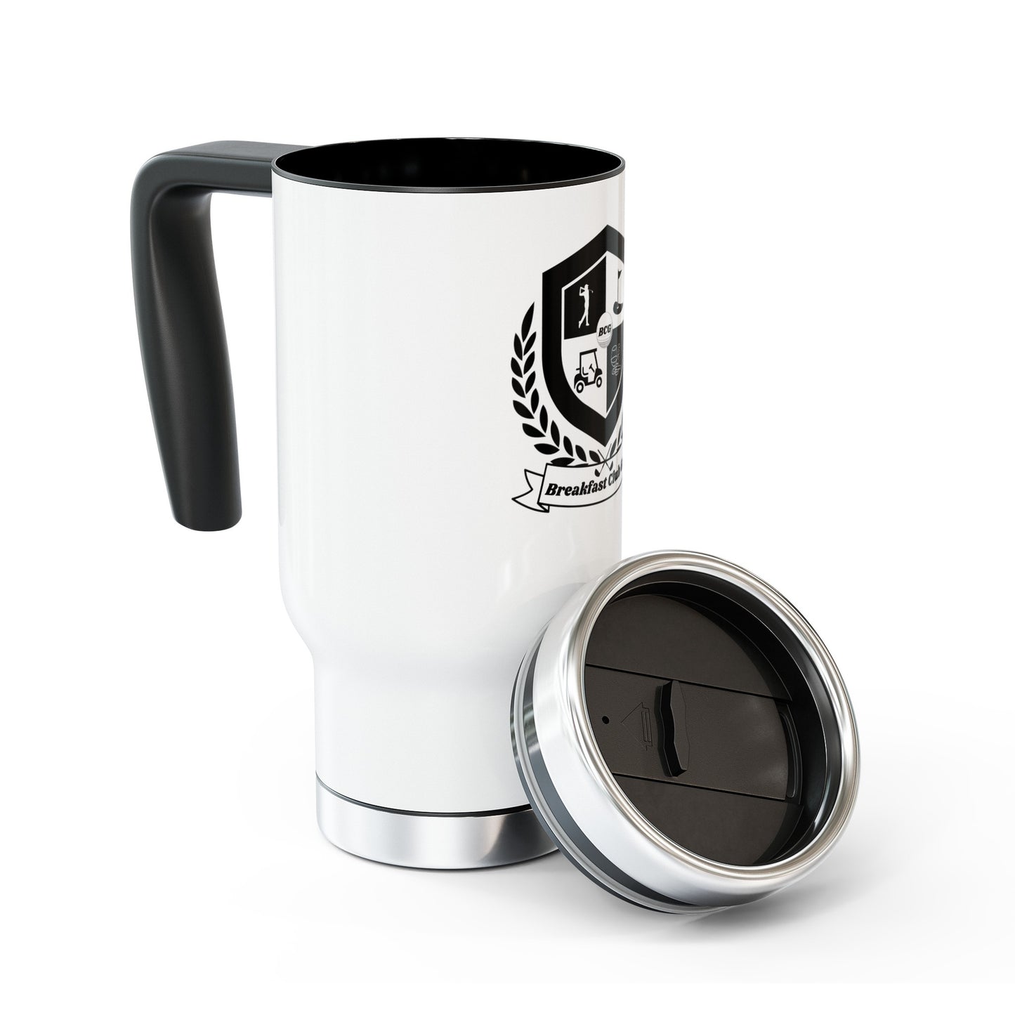 The "CJ" Breakfast Club Golf Travel Mug. "Black Tees" Logo. Stainless Steel Travel Mug with Handle, 14oz
