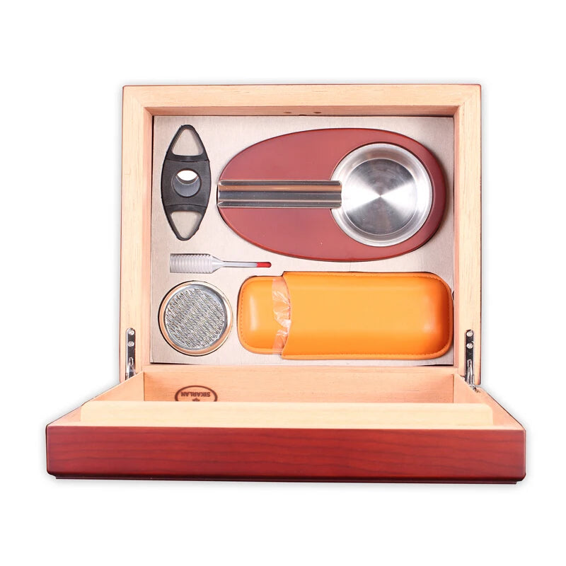 Cedar Wood Humidor Smoking Sets Cherry Black Cigar Storage Box with Cigar Ashtray Cutter Leather Case Gift Sets