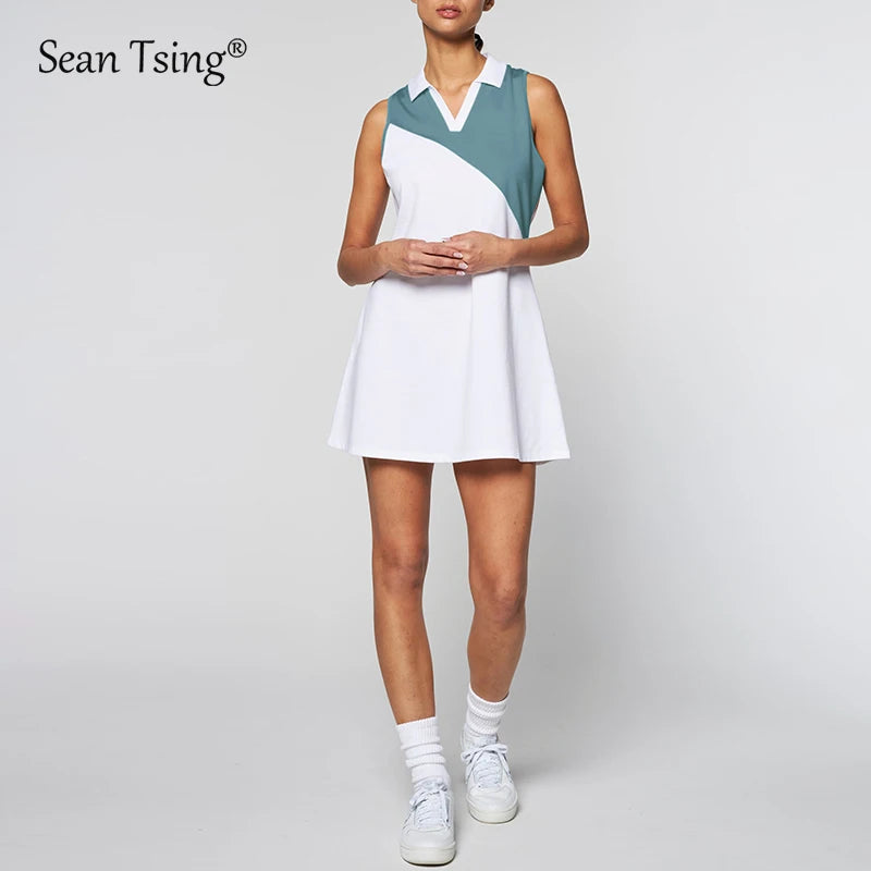 Golf Tennis Dresses with Shorts Women Sleeveless Turn-Down Collar
