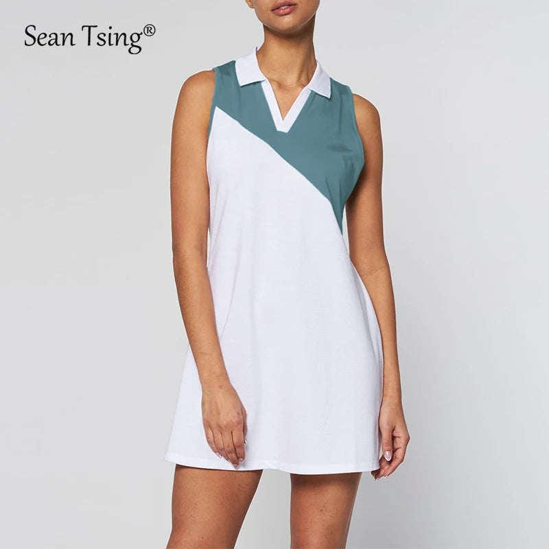 Golf Tennis Dresses with Shorts Women Sleeveless Turn-Down Collar