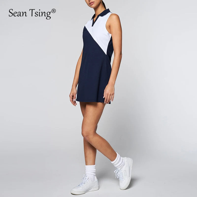 Golf Tennis Dresses with Shorts Women Sleeveless Turn-Down Collar